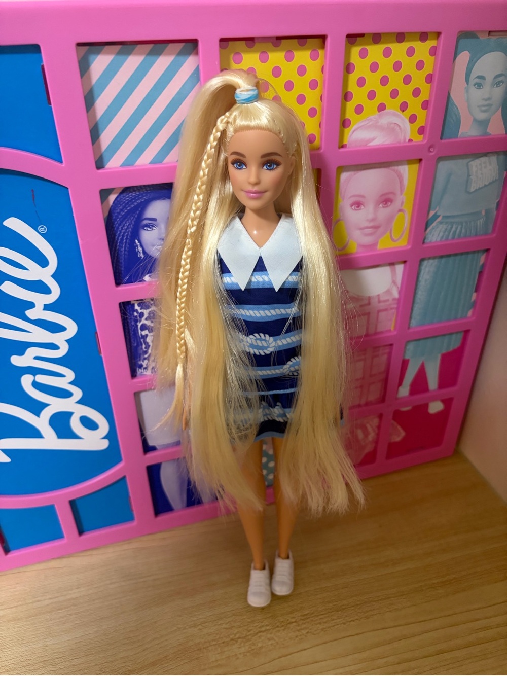 Barbie Blonde Doll with Long Braided Ponytail and Blue Striped Dress